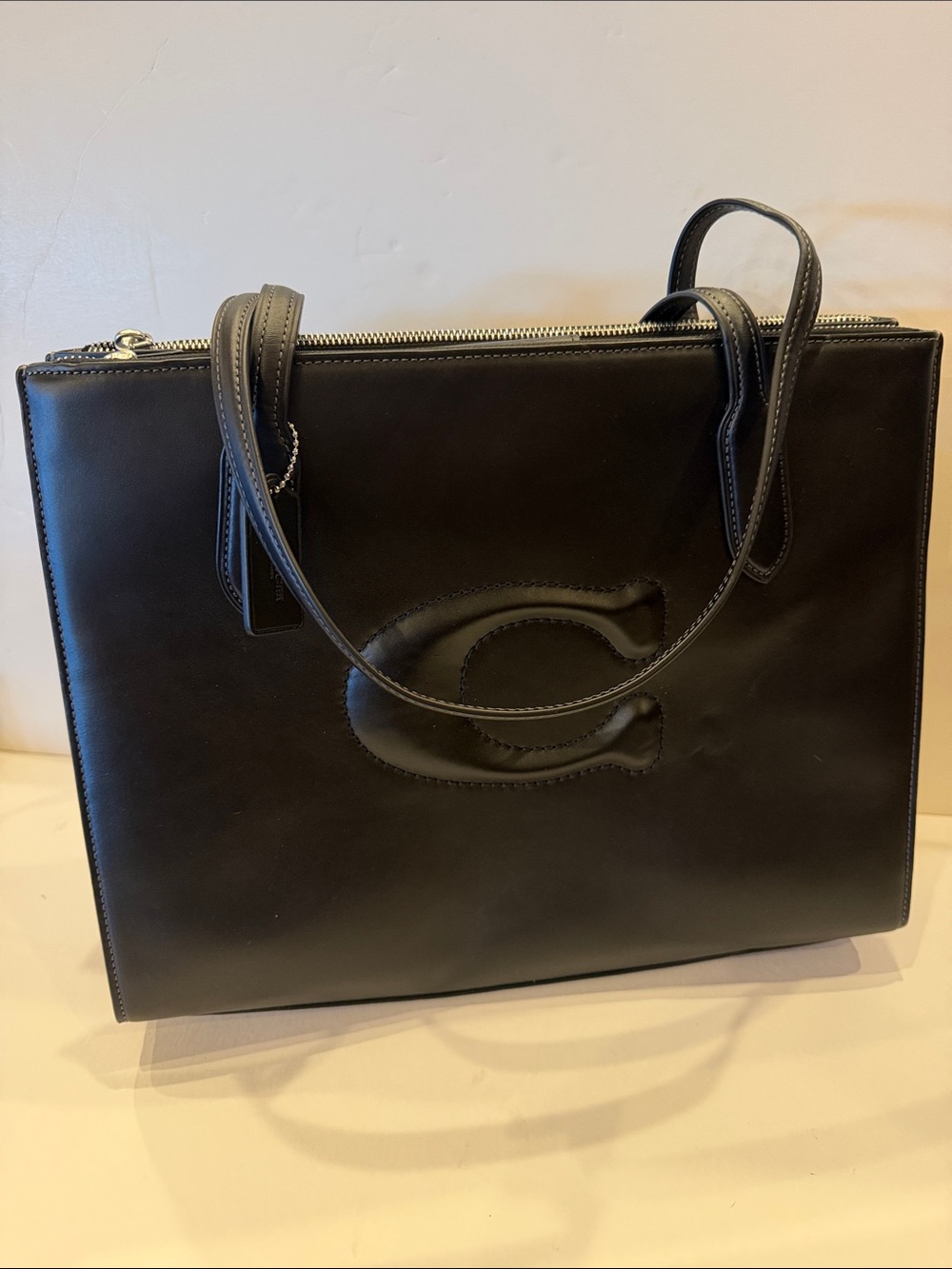 Coach Black Leather Tote with Embossed C Logo